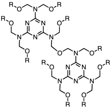 Idealized subunit of a melamine-formaldehyde resin (R - H, alkyl) Melamine-CH2Oresin idealized.svg