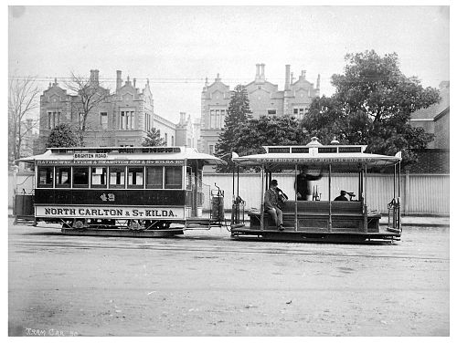 Cable tram dummy and trailer passing the QVH on route between Carlton and St Kilda in 1905.