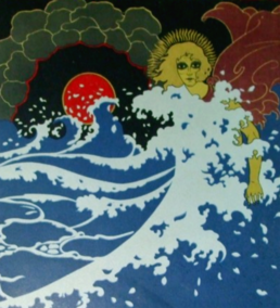 Mișu Teișanu's chromolithography for Luceafărul (1923 edition), 15th stanza. Appearing as a "fair youth", the Morning Star reemerges from the sea to meet with his admirer Cătălina.