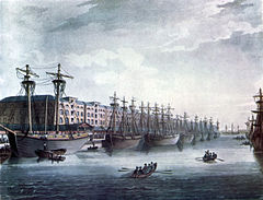 Image 26Sailing ships at West India Docks on the Isle of Dogs in 1810. The docks opened in 1802 and closed in 1980 and have since been redeveloped  as the Canary Wharf development.