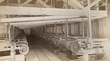 Vanner room, Treadwell gold mine, 1887. These vanners served a 120 stamp mill battery. Note railroad tracks in aisle. Mill, Treadwell gold mine, 1887.jpg