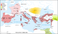 Il mondo romano allo scoppio della guerra civile (1 gennaio 49 a.C.). Sono inoltre evidenziate le legioni distribuite per provincia