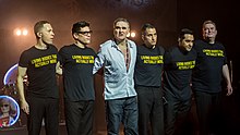 Morrissey with his band after a 2018 performance at the London Palladium