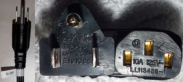 Ratings of NEMA 5-15 (type B) plug marked on the label (left: 7 A 125 V), engagement face, and C13 connector at the appliance end of the cord (centre,