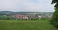 Deutsch: Blick auf Neckartailfingen von der Anhöhe der abgegangenen Burg Liebenau aus gesehen. Im Vordergrund die sogenannte "Vorstadt" (rechts des Neckars), im Hintergrund der sogenannte "Flecken".