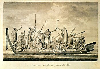 "Canoa de guerra neozelandesa lanzando un desafío al barco." Aguatinta de Sydney Parkinson, realizado en Queen Charlotte Sound, Isla Sur, hacia abril de 1770. British Library, Londres.