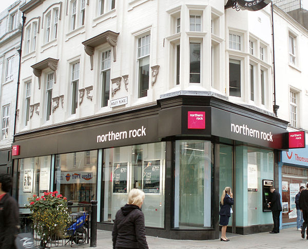 A typical Northern Rock branch, on Northumberland Street, Newcastle upon Tyne in 2007. On 9 January 2012 it was given a temporary Virgin Money rebrand