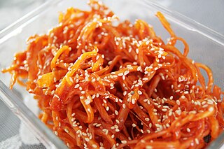 <i>Ojingeo-chae-bokkeum</i> Korean stir-fried spicy squid dish