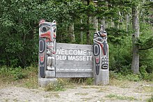 Haida text on Old Massett welcome sign