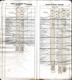 Penn Central Employee Timetable, Western Region No.5 showing frequent train annulments and retimings by General Order in the bankruptcy era. PCRR Western No5 19720115 pp30-31.png