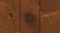 Três imagens registradas pela câmera HiRISE, da sonda Mars Reconnaissance Orbiter. Da esquerda para a direita: os paraquedas, a sonda, e o escudo de proteção da InSight.
