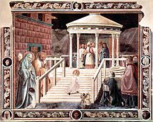 Fresco. A scene in muted colours showing the porch of a temple, with a steep flight of steps. The Virgin Mary, as a small child and encouraged by her parents, is walking up the steps towards the High Priest.