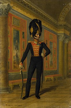 Portretul lui V. M. Lavrentiev.  1828.  Schit.  În stânga, un portret al lui Barclay de Tolly este prezentat în fundal.