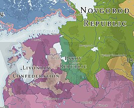 ■ Republiek Pskov ■ Lijflandse Confederatie ■ Republiek Novgorod ■ Grootvorstendom Litouwen ■ Zweden (Unie van Kalmar)