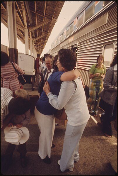 File:RELATIVES GREET EACH OTHER ON THE LOADING PLATFORM AT THE FORT WORTH, TEXAS, TRAIN STATION AFTER THE LONE STAR... - NARA - 556042.jpg