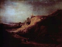 Workshop of Rembrandt (Ferdinand Bol?). Landscape with the Baptism of the Eunuch . Circa 1640 date QS:P,+1640-00-00T00:00:00Z/9,P1480,Q5727902 . oil on canvas medium QS:P186,Q296955;P186,Q12321255,P518,Q861259 . 85.5 × 108 cm (33.6 × 42.5 in). Hanover, Niedersächsisches Landesmuseum Hannover.