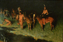 The Grass Fire (1908) by Frederic Remington depicts Native American men setting fire to a grassy plain Remington The Grass Fire 1908.jpg