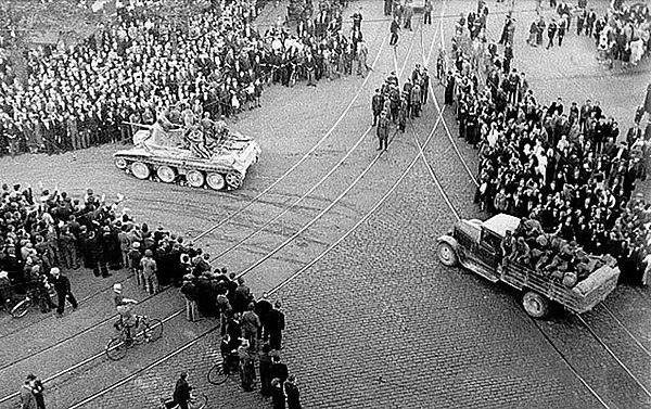 Red Army BT-7 tank and ZIS-5 truck in Riga (1940)