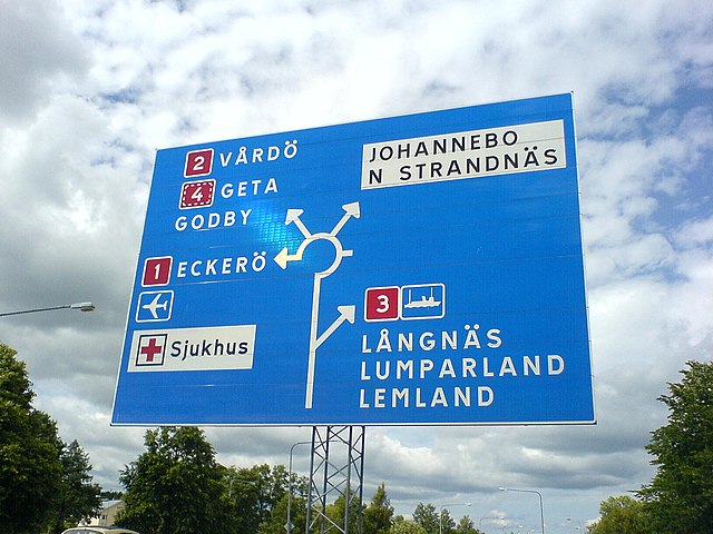 Road sign for roundabout leading to highways 1, 2 and 3 in Mariehamn, Åland