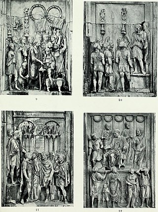 The Aurelian panel depicts an adlocutio event (upper-right). Roman sculpture from Augustus to Constantine (1907) (14781234585).jpg