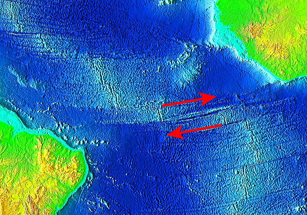 The Romanche Fracture Zone with red arrows indicating directions of movements of tectonic plates