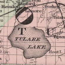 This map from 1886 depicts a drying Tulare Lake, with the location of Root I. outlined beyond the shore of the lake.