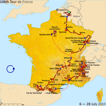 Mapa de Francia con la ruta del Tour de Francia 2019