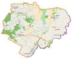 Mapa konturowa gminy Sławatycze, blisko prawej krawędzi u góry znajduje się punkt z opisem „Jabłeczna, cerkiew św. Onufrego”