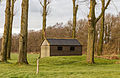 Schuur tussen hoog opgaande bomen. Locatie, natuurgebied Delleboersterheide – Catspoele.