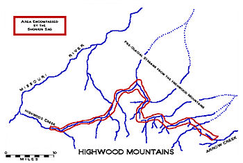 Map of a portion of the Shonkin Sag (outlined in red) near Highwood, Montana. Shonkin Sag map.jpg