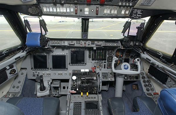 The Shuttle Training Aircraft's cockpit. The commander's side of the cockpit, at left, featured a Shuttle-type heads-up display (HUD), rotational hand controller (RHC) used to fly the vehicle, and multi-function displays. The instructor pilot, who occupied the right-hand side of the STA cockpit, had access to a similar heads-up display, as well as conventional aircraft controls and instruments.