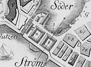 Petrus Tillaeus karta över slussenområdet, 1733 (norr är till höger)