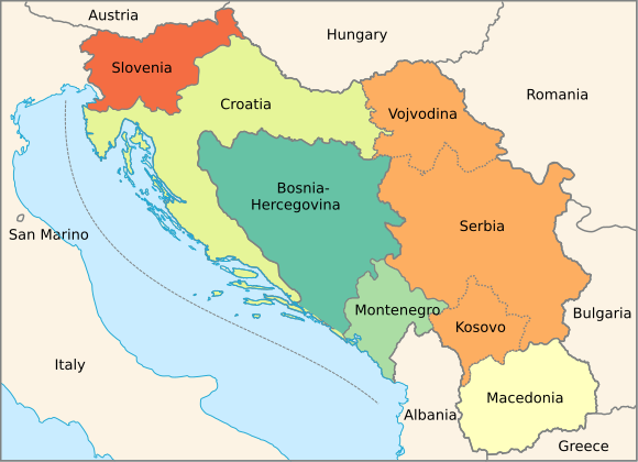 A map of the six Yugoslav republics and two autonomous provinces between 1945 and 1992[33]