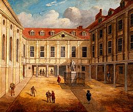 An oil painting of St Thomas' Hospital in Southwark, south London St Thomas' Hospital, London. Oil painting. Wellcome V0017211.jpg