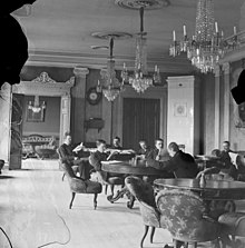 The meeting and banquet hall of the nation in the 1880s Stockholms nationshus Nationssal 1880-t.jpg