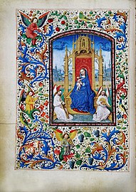 Vierche à l'Éfant tronnant aveuc deus anges musichiens (live d'heures à Marie d' Bourgonne, 1477)