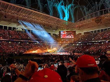 Shakira performing the song "Whenever Wherever" at the 2020 Super Bowl halftime show