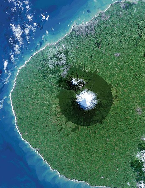 Picture of Taranaki acquired from the Landsat 8 satellite, showing the near-circular Egmont National Park surrounding Mount Taranaki. New Plymouth is 