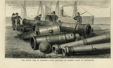 Captured Acehnese and Ottoman guns at Rotterdam, after the Dutch conquest of Aceh. The Aceh Sultanate and the Ottoman Empire have cooperated militarily as early as the 16th century.