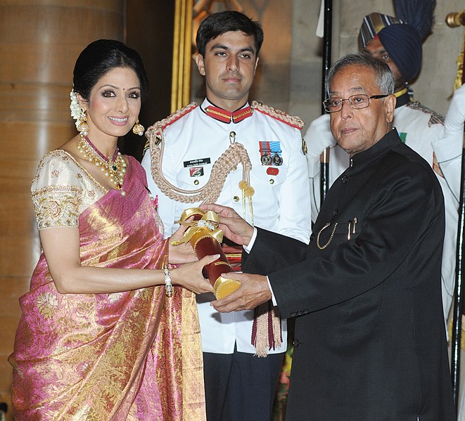 File:The President, Shri Pranab Mukherjee presenting the Padma Shree Award to Smt. Sridevi Kapoor, at an Investiture Ceremony, at Rashtrapati Bhavan, in New Delhi on April 05, 2013.jpg