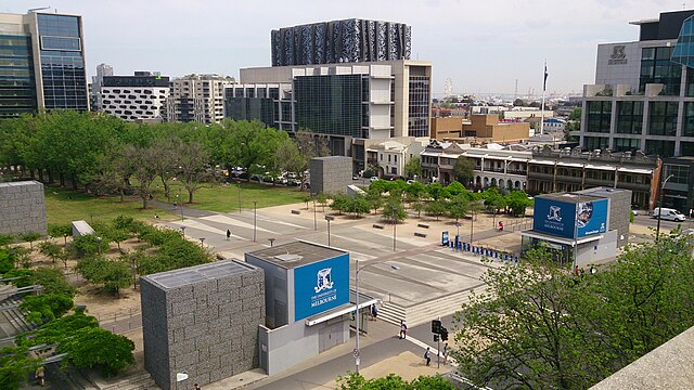 The view of the Melbourne Law School, Business and Economics, The Spot and Alan Gilbert Building.