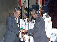 The well-known Sociologist Dr. Andre Beteille receives the Padma Bhushan award from the President Dr. A.P.J. Abdul Kalam in New Delhi on March 28, 2005.jpg