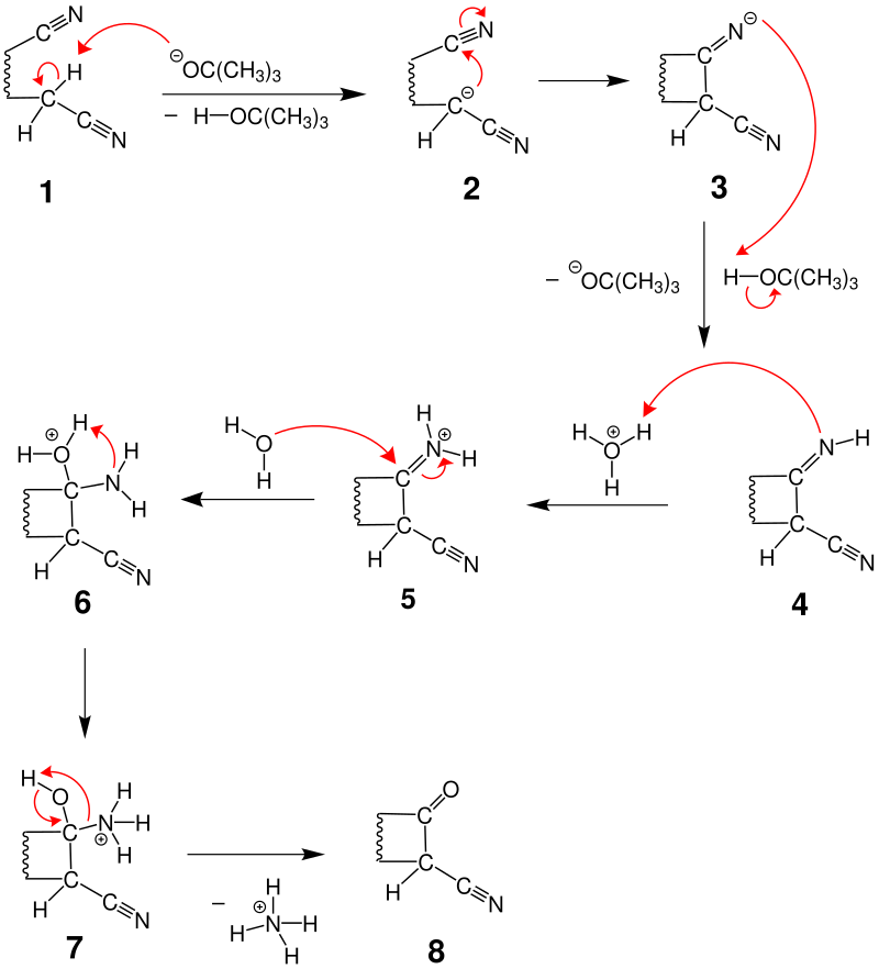 The reaction mechanism of the Thorpe-Ziegler reaction Thorpe Reaktion Mechanismus Schritt 1Version 5.svg