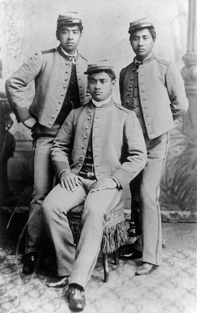 The Three Princes of Hawaii who introduced surfing to California in Santa Cruz, 1885: Jonah Kūhiō Kalanianaʻole (left), David Kawānanakoa (center), and Edward Abnel Keliʻiahonui (right).