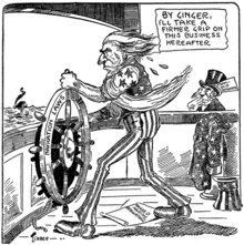 Cartoon of Uncle Sam taking hold of a ship's wheel marked "Navigation Laws" and saying, "By ginger, I'll take a firmer grip on this business hereafter." At his feet is a paper reading "Ragged marine regulations". A worried-looking man in a top hat marked "Steamship Magnate" looks on. In the distant background a ship can be seen sinking.
