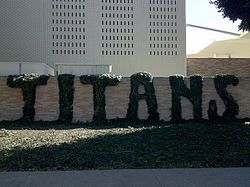 "Titans" on the exterior of Titan Gym, 2010 Titans ivy topiary.jpg