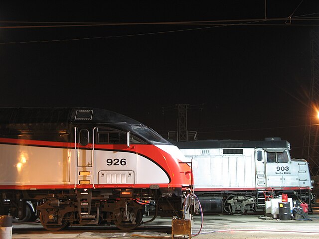 Two Caltrain diesel locomotives at San Jose Diridon station in 2006