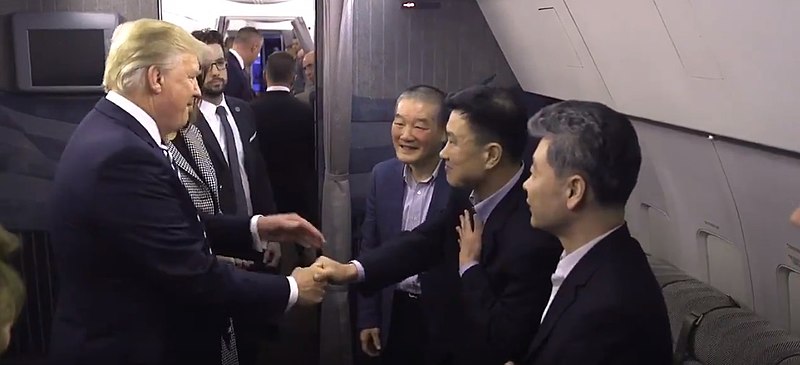 File:Trump Greets Americans Released by North Korea on realDonald Trump account v3.jpg