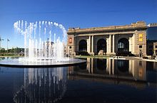 Fountains are in the street in front of Union Station (2012). Union Station (7638155320).jpg