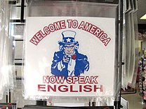 Sticker sold in Colorado demanding immigrants speak English Welcome to America, indeed 4891695155.jpg